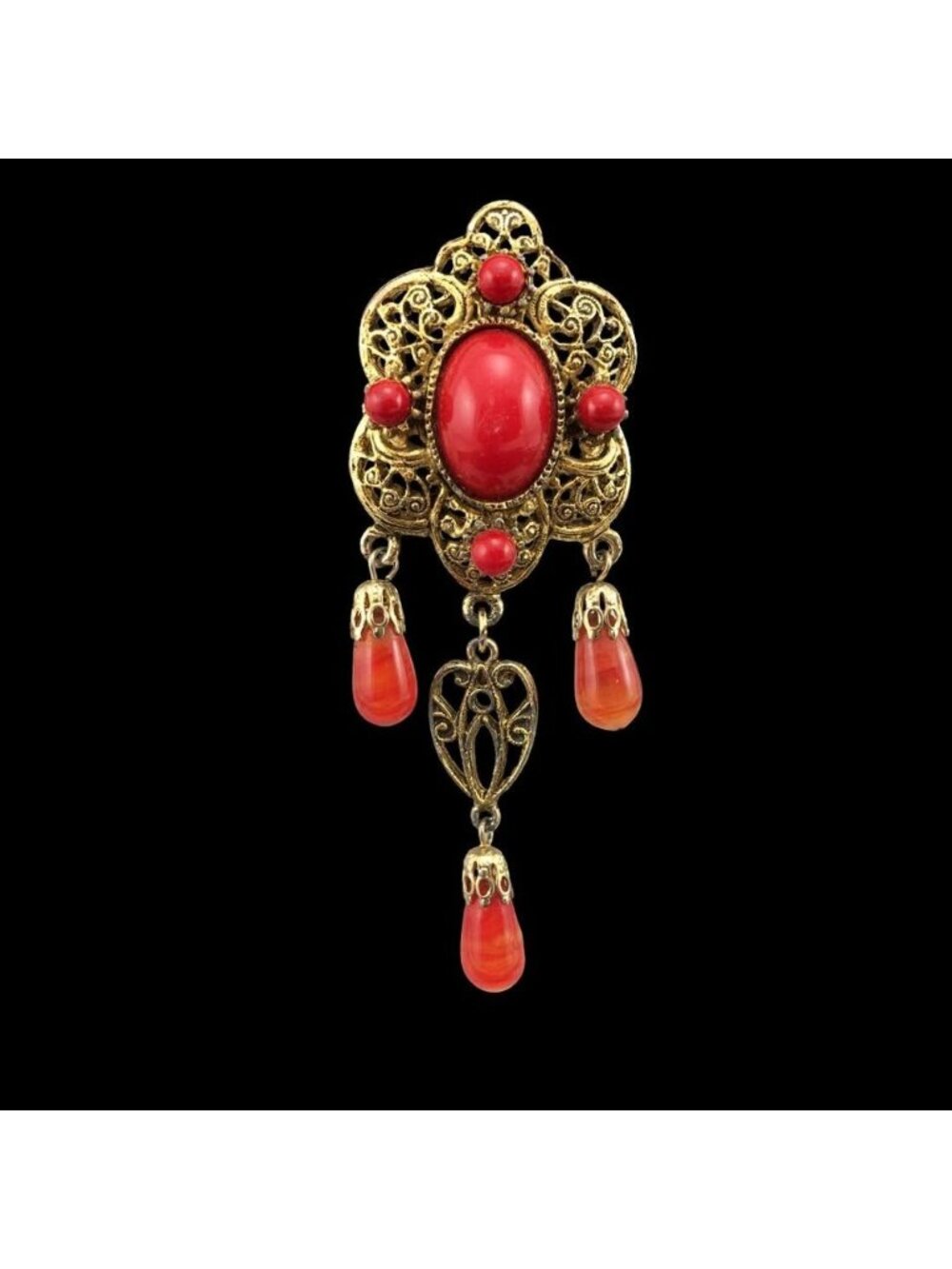 Victorian Etruscan Revival Brooch Pin Ornate Filigree Plastic Coral Danglers